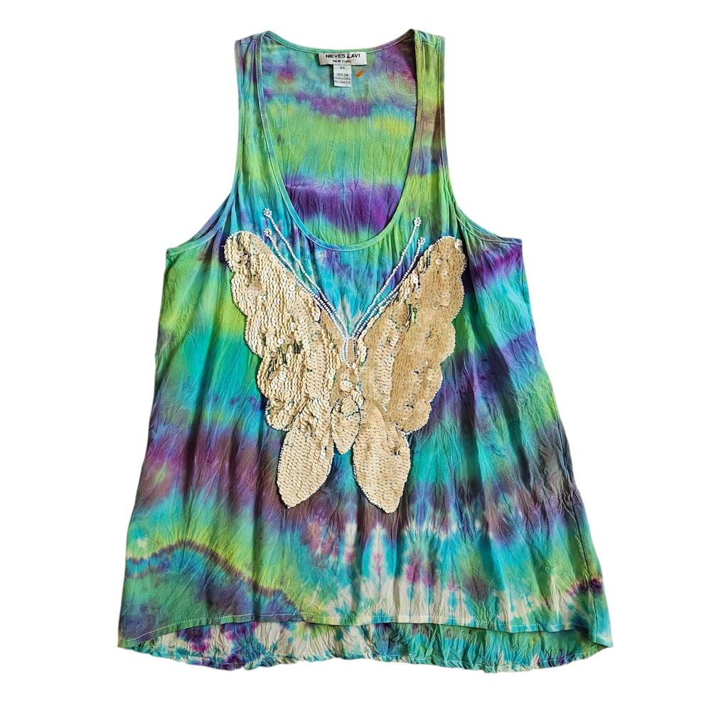 Y2k Silk Butterfly Top Sleeveless Hippie Boho Sequin - XS